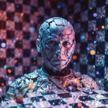Futuristic Broken Ceramic Mask Concept on Shimmering Blue Chessboard Background with Bokeh Lights