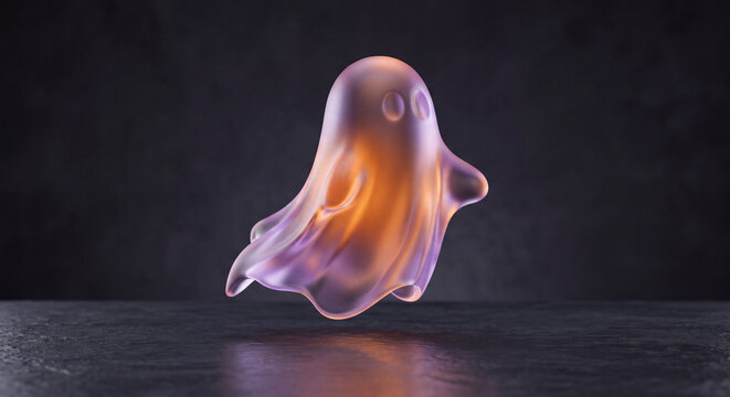 Translucent frosted glass ghost figure floating in the air with warm neon internal glow for Halloween theme