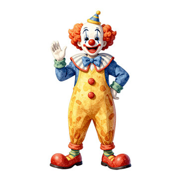 A cheerful cartoon clown with bright red curly hair and a big smile waves