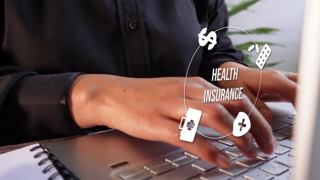 Close-up of a professional woman's hands using a computer, featuring an animation of a white circular health insurance icon. It represents medical care, cost, and coverage. 