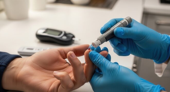 Healthcare professional in blue gloves performs finger prick blood glucose test using lancet device on patient's finger, with glucose meter in background.