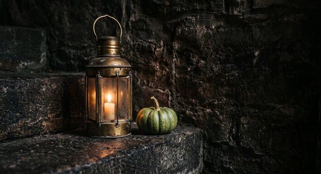 Antique brass lantern with a burning candle next to a green pumpkin on dark stone steps