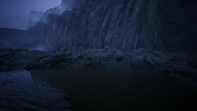 Dusk cliff reflection in tidal pool, glassy water mirroring steep basalt face, pebble foreground leading to still cove, cold blue light and geological texture,