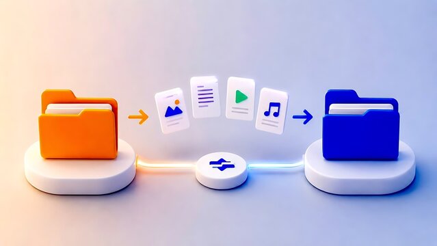3D illustration of media file transfer between digital folders including image, video, and music icons, data sharing and backup concept