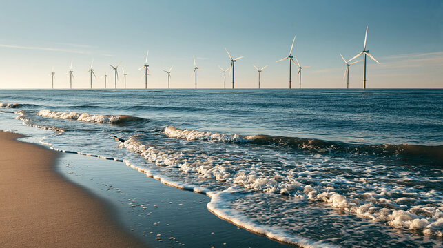 Peaceful Sandy Beach View of Offshore Wind Turbines under Clear Blue Sky