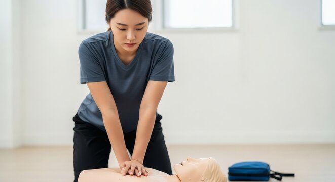 Focused Young Woman Performing Cpr on Training Mannequin in Bright Indoor Room