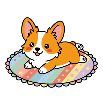 Cute Corgi puppy mascot lying down on a colorful patterned rug in a kawaii vector style.