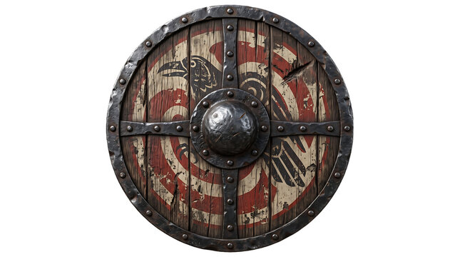 Old Viking round wooden shield with metal rim isolated on white background