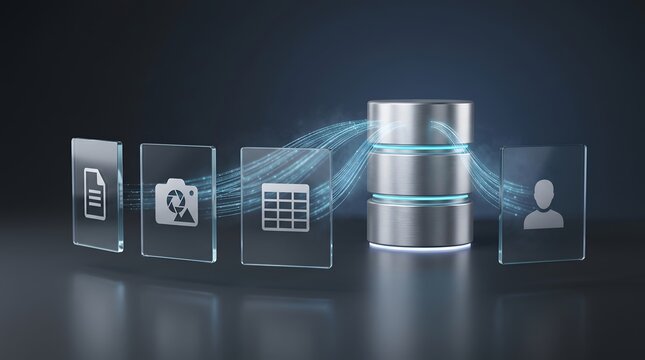 Centralized database storage system integrating multiple digital file types with glowing data streams for business analytics