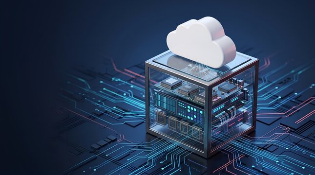 Cloud Computing Infrastructure Concept Featuring Server Microchips in Glass Cube on Circuit Board Background