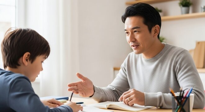 Attentive Father Helping Young Son with Homework at Bright Home Desk