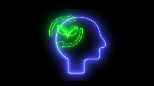 A glowing neon-colored person icon with a sprout inside, symbolizing growth and renewal. The image represents mental evolution, sustainability, or inner transformation.