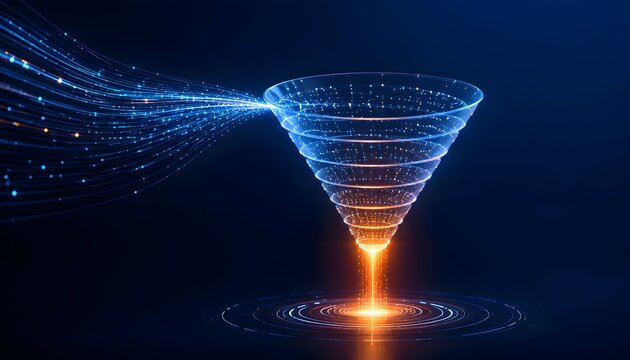 Abstract glowing digital data funnel concept with neon fiber optic lines representing big data filtering analytics and information processing technology