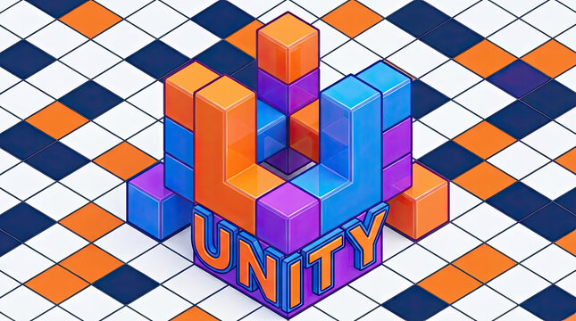 Unity text in isometric 3D colorful block letter style.
