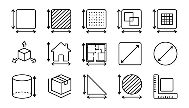 Dimension and Blueprint Measurement Icon Set Featuring Architecture Floor Plans, Geometric Shapes, House Scaling, 3D Object Volumes, Ruler Scales, and Area Size Symbols