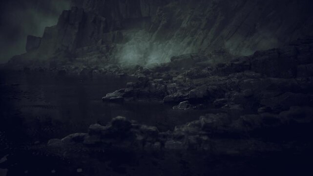 Mysterious green sky over rock ledge, soft auroral curtains cast eerie illumination across wet stone and low cloud, tranquil yet uncanny shoreline scene.