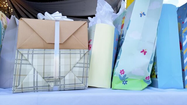 Colorful birthday and baby shower gifts sitting on a table during a party