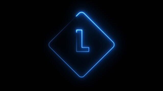 Neon blue letter l inside glowing rounded rhombus isolated on dark black background design.