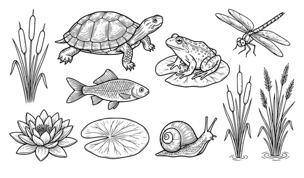 Cute Turtle Pond Wildlife Black Vector Collection with Frog, Fish, Snail, Dragonfly, Water Lily, Lily Pad, Cattails and Reeds
