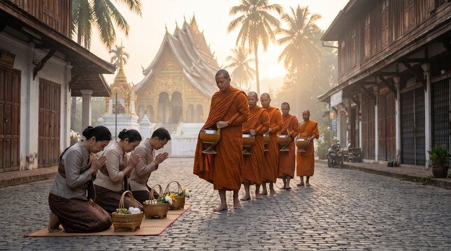 Buddhist monks walking in morning alms giving ceremony in Luang Prabang Laos.