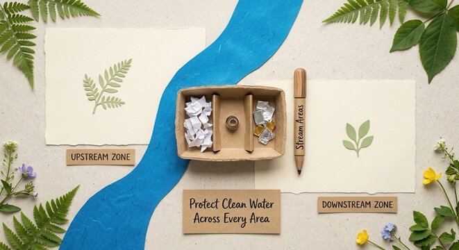 Environmental concept flat lay showing a blue river path between upstream and downstream zones with recycled materials and green leaves, highlighting the vital importance of protecting clean water