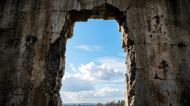 A view of the blue sky through a ruined stone wall for international peace day concept