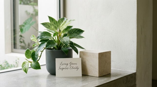Elegant Philodendron Birkin houseplant sits in a dark pot on a concrete ledge next to a minimalist stone cube and a motivational note card about clarity, creating a peaceful and modern home