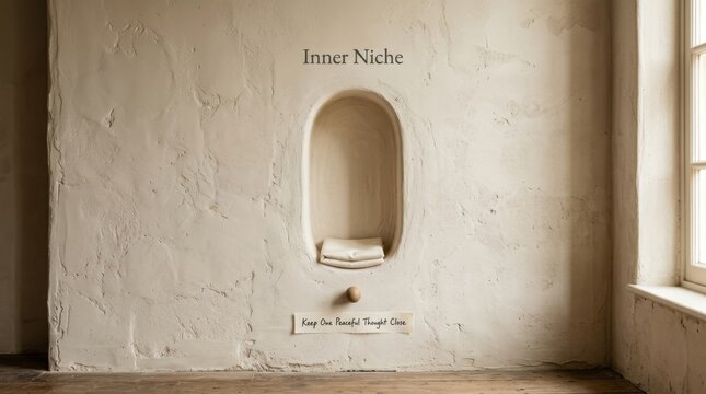 Minimalist interior design featuring a serene arched wall niche with folded fabric and peaceful text inscription on a textured plaster surface perfect for meditation and mindfulness concepts today