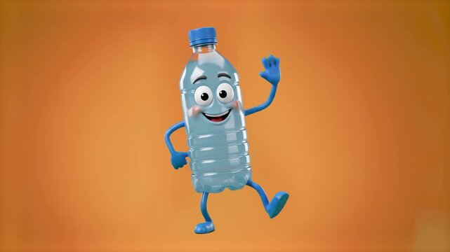 A cheerful 3D plastic water bottle character dancing happily with raised arms on an orange gradient studio background. Ideal for commercial beverage advertisements, wellness videos, and children's edu