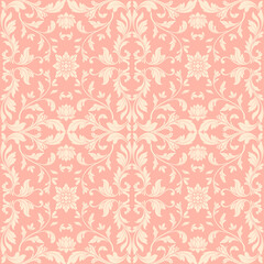 Fototapeta premium Elegant Thai-inspired seamless floral pattern featuring lotus motifs and ornamental vine scrolls on a soft blush pink background, ideal for textile,wallpaper,packaging, stationery,and surface design