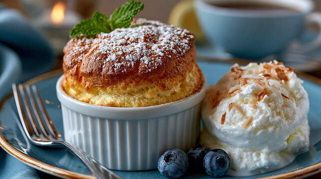 Freshly baked sweet souffl&eacute; in a white ramekin served with blueberries and cream, blueberries