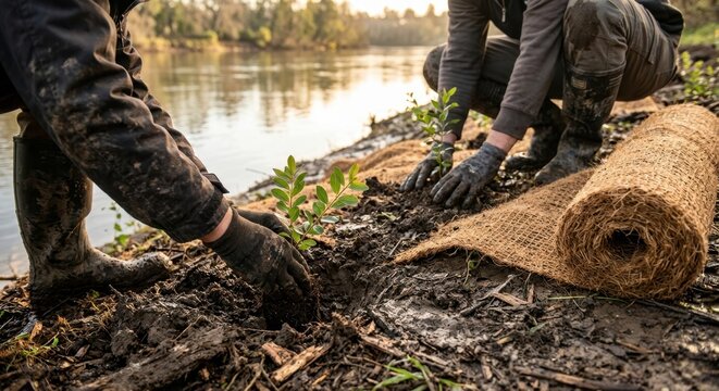 Professional environmentalists planting tree saplings on muddy riverbanks for reforestation and erosion control project using sustainable jute matting to protect soil during nature restoration works.