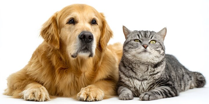 Golden retriever dog lying next to striped tabby cat on white background