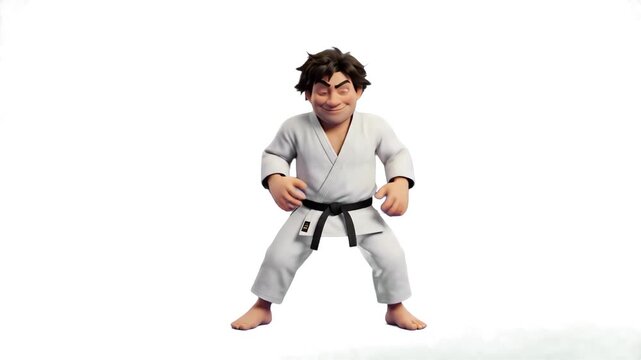 A detailed 3D render of a male martial artist character wearing a white karate gi uniform with a black belt, standing in a ready fighting stance, isolated on a clean white background. Perfect for mart