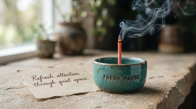 Burning incense stick in ceramic bowl releases wispy smoke alongside inspirational note on stone surface, perfect for wellness and mindfulness concepts in calm indoor environment with natural light