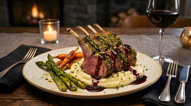 Herb-crusted rack of lamb on creamy mashed potatoes with grilled asparagus, roasted baby carrots and red wine reduction, plated beside a glass of red wine and a lit candle for an elegant, cozy dinner.