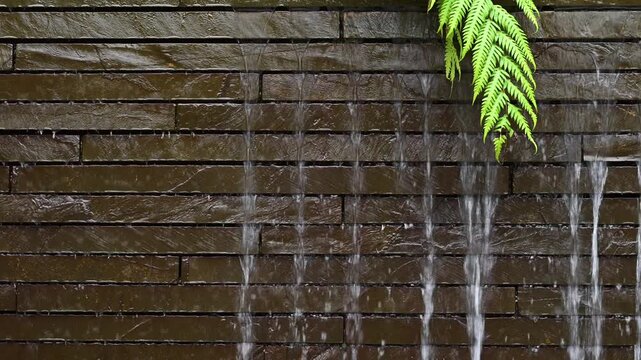 Licorice Fern, Polypodium glycyrrhiza, hanging over a rock brick wall with water flowing over it, garden feature waterfall

