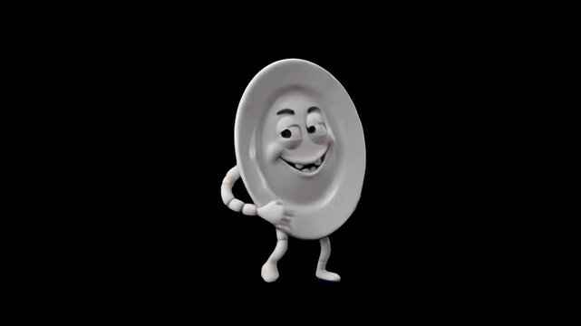 A quirky 3D ceramic plate character dancing joyfully with arms and legs set against a dark black background. Perfect for high-contrast video editing, culinary channels, and creative social media anima