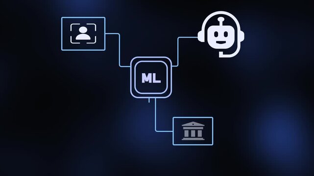 ML machine learning concept vector illustration with digital microchip artificial intelligence icons on dark background.