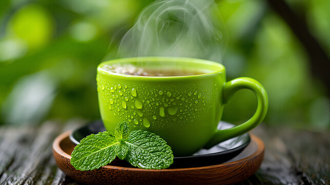Fresh hot herbal tea in a green cup with steam and fresh mint leaves on a rustic wooden table