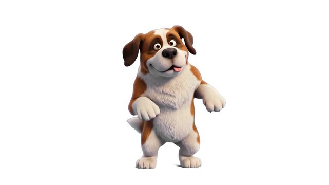Cute 3D animated Saint Bernard dog puppy dancing playfully on hind legs over a plain white background. Excellent for pet care marketing, puppy food commercials, family-friendly animations, veterinary 