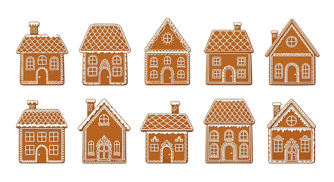 Set of gingerbread cookie houses with icing decorations and festive bakery charm.