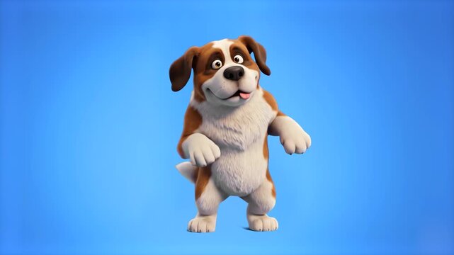 A cute 3D Saint Bernard dog character dancing joyfully on two paws set against a clean blue sky backdrop. Great for pet care commercials, veterinary promos, and lighthearted motion graphic projects.