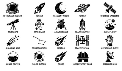 Black Space Exploration and Astronomy Icons Vector Set © Mdraisul