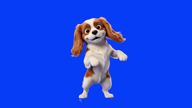 A charming 3D cartoon rendering of a Cavalier King Charles Spaniel dog character dancing enthusiastically on two hind legs, isolated against a solid blue backdrop. Ideal for pet care promotions, veter