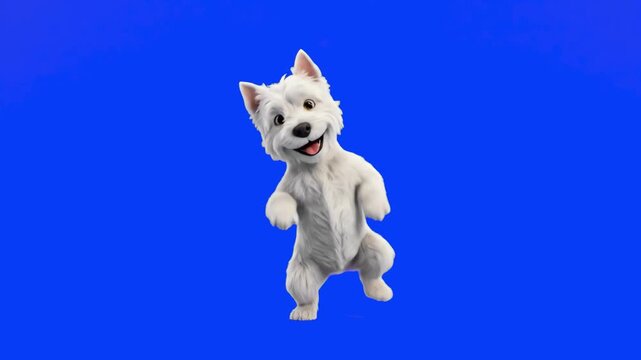 Cute 3D white puppy dog character dancing cheerfully isolated on a solid blue background. Ideal for children videos, pet shop promos, veterinary marketing, funny cartoon edits, and motion graphics ove
