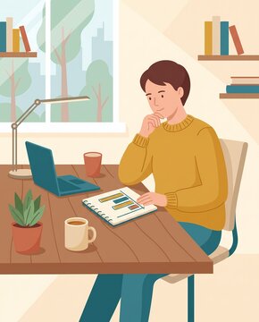 AI generated flat design illustration of a young man working at home office desk with laptop and notebook