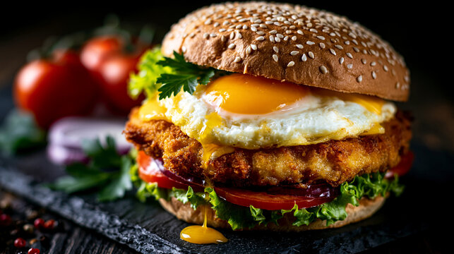 Delicious burger loaded with crispy chicken patty lettuce tomato and fried egg on top, sandwich
