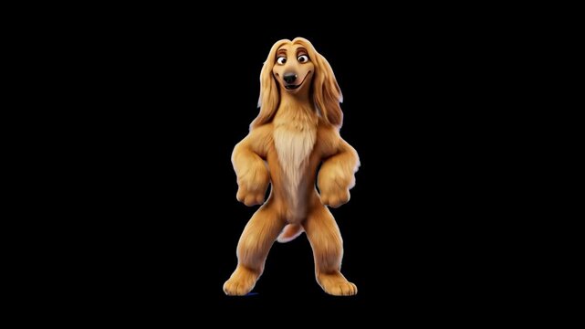 A dramatic 3D rendering of a long-haired Afghan Hound dog character dancing on two hind legs with hands on hips, isolated against a solid black backdrop. Ideal for high-contrast ad displays, animated 