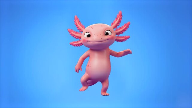 A cheerful 3D animated pink axolotl dancing happily against a soft gradient blue sky backdrop. Perfect for kids' educational videos, entertaining mobile content, and lighthearted animations.